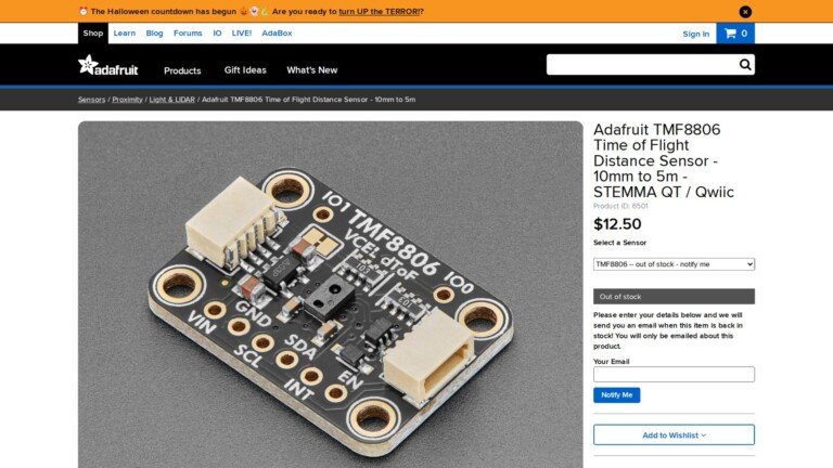 Schermata dello store Adafruit che mostra il sensore TMF8806 esaurito al prezzo di 12,50 dollari.
