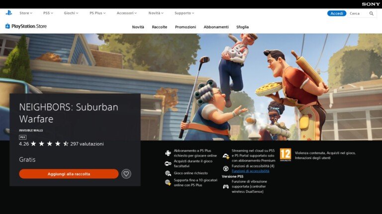 Schermata del PlayStation Store del gioco Neighbors: Suburban Warfare per PS5 indicato come gratis.