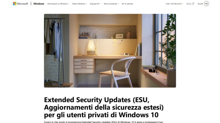 Pagina ufficiale Microsoft sugli aggiornamenti di sicurezza estesi per Windows 10.