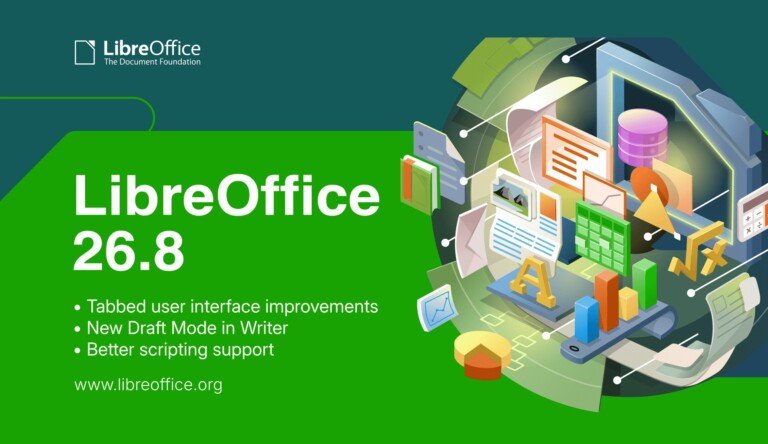 Grafica ufficiale promozionale di LibreOffice 26.8 con elementi grafici colorati su sfondo verde.
