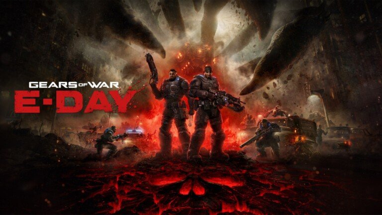 La copertina ufficiale di Gears of War: E-Day con i protagonisti Marcus e Dom in mezzo alle fiamme.