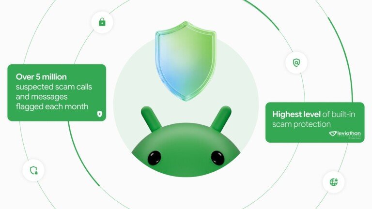 Grafica ufficiale Google con la mascotte Android, uno scudo protettivo e informazioni sulla difesa dalle truffe.