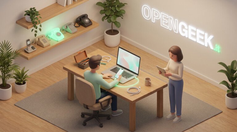 Illustrazione 3D di un utente che collega uno smartphone al PC su una scrivania.