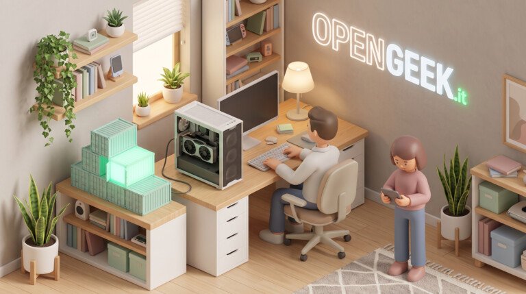 Illustrazione 3D di una postazione con computer e vari container colorati impilati vicino alla scrivania.
