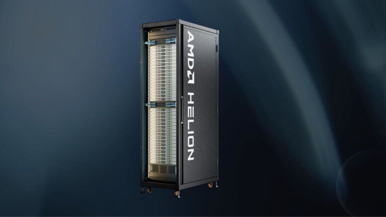 Rack server AMD Helion con il logo in evidenza su sfondo scuro.
