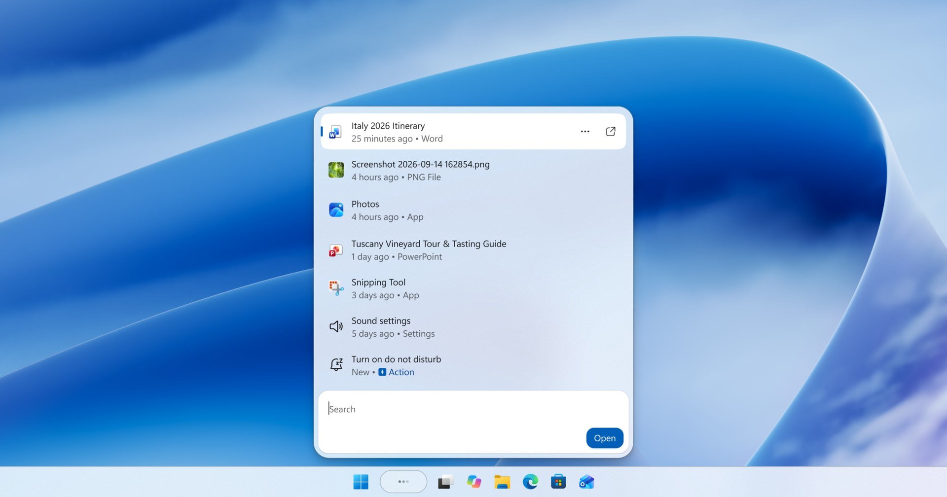 Schermata della nuova Windows Search con elenco di file recenti e l'azione rapida Turn on do not disturb.