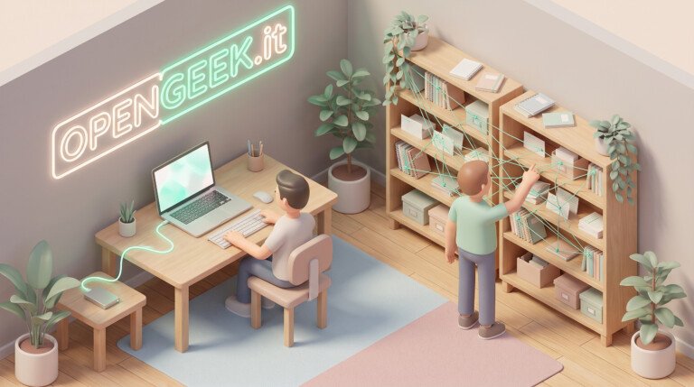 Illustrazione 3D di una stanza con note collegate su scaffali e un computer connesso a un backup esterno.