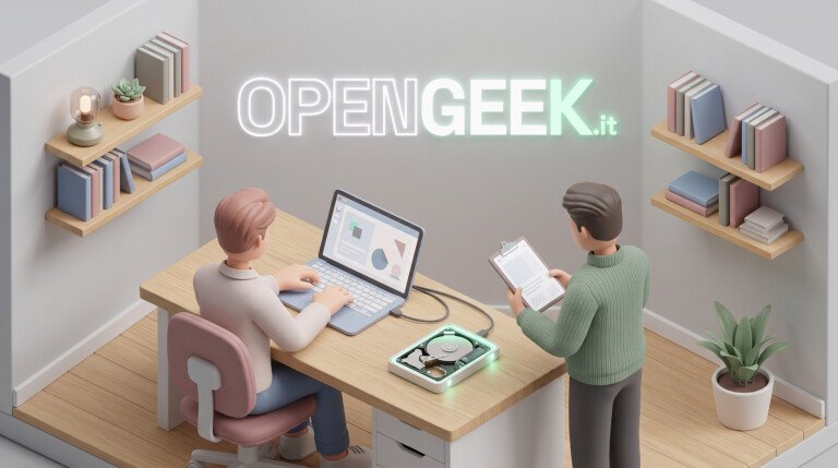 Illustrazione 3D di persone che analizzano un hard disk collegato a un laptop in ufficio.