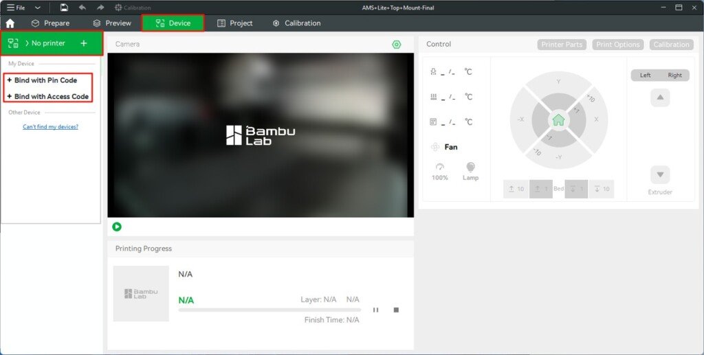 Interfaccia di Bambu Studio nella scheda Device con evidenziati i pulsanti per il collegamento tramite PIN.