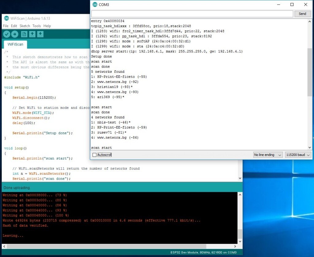 Schermata di Arduino IDE che mostra il caricamento del codice completato e il Monitor Seriale attivo.