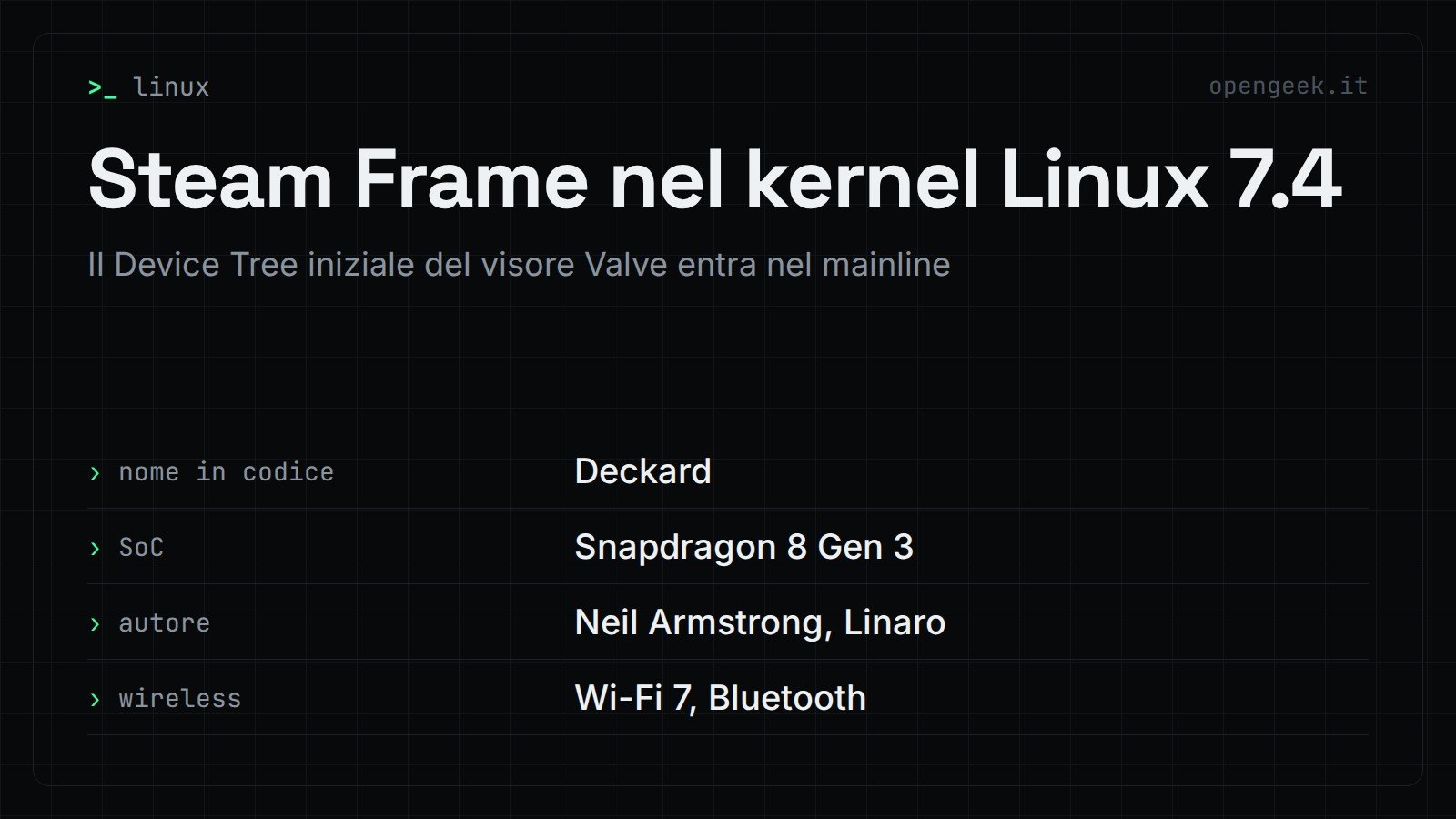 Steam Frame nel kernel Linux 7.4: Il Device Tree iniziale del visore Valve entra nel mainline