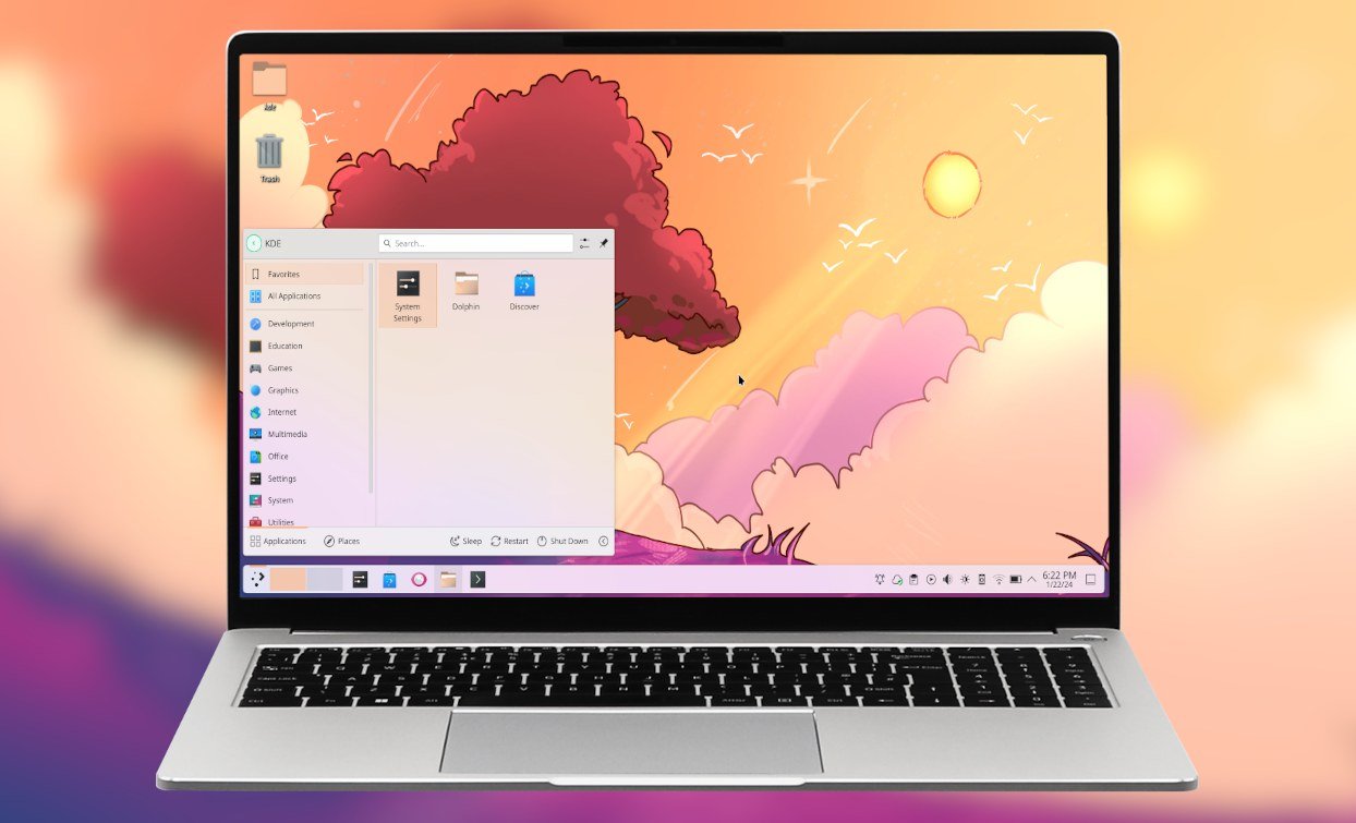 Laptop aperto con l'interfaccia desktop KDE Plasma su sfondo illustrato.
