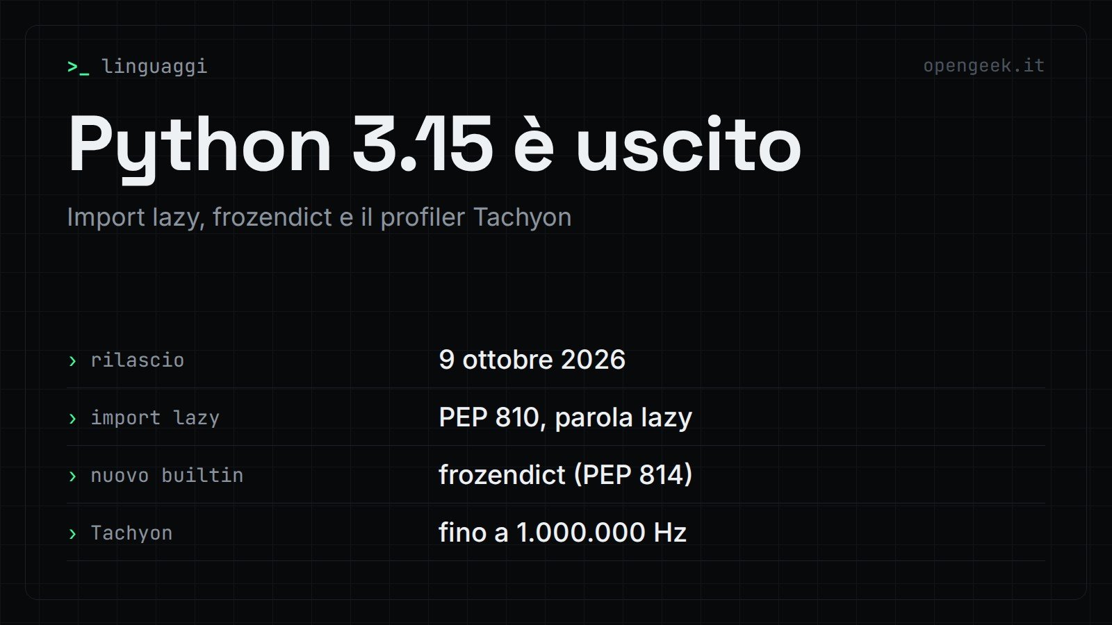 Python 3.15 è uscito: Import lazy, frozendict e il profiler Tachyon