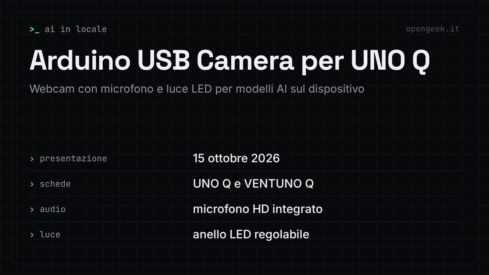 Arduino USB Camera per UNO Q: Webcam con microfono e luce LED per modelli AI sul dispositivo