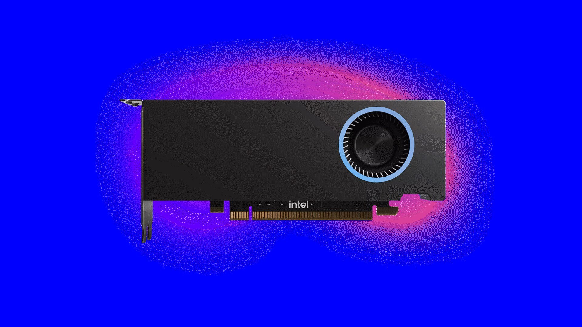 Una scheda grafica Intel al centro su uno sfondo sfumato blu e viola.