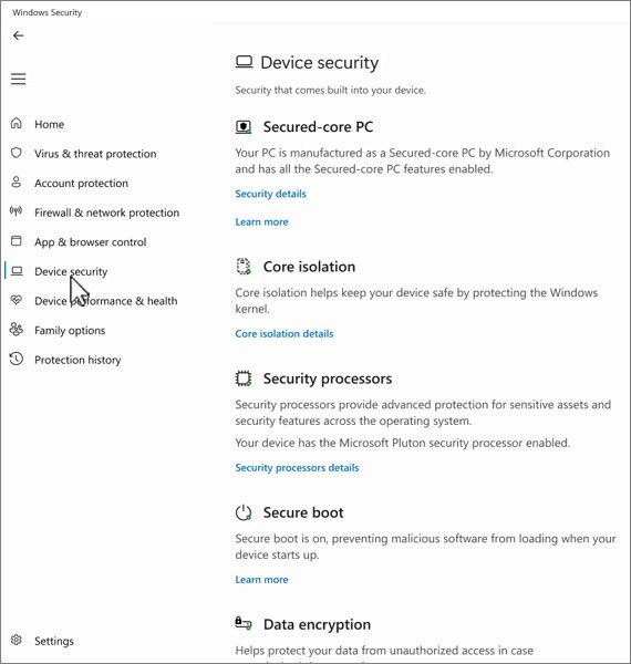 Impostazioni di Sicurezza di Windows sulla voce Sicurezza dispositivi con dettagli sul processore di sicurezza.