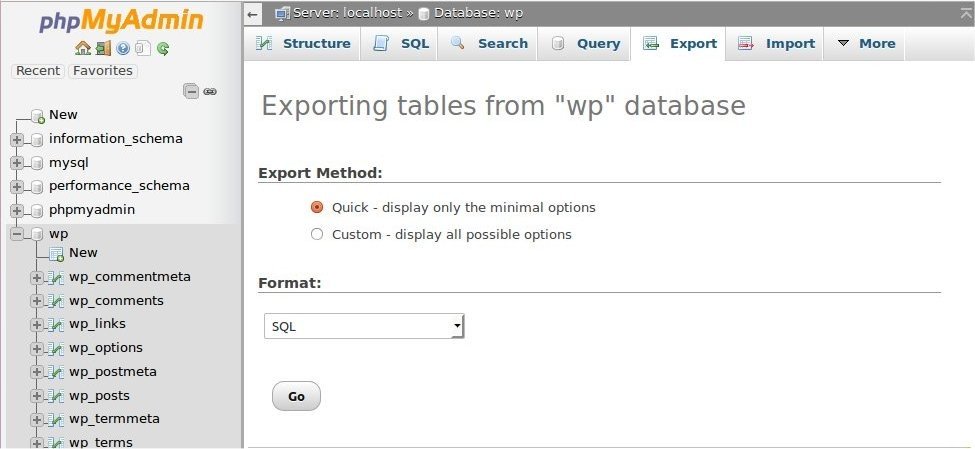 Interfaccia di phpMyAdmin sulla scheda Export con la modalità di esportazione rapida selezionata.