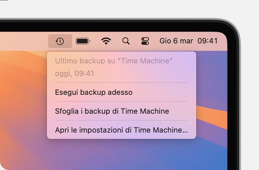 Menu a discesa di Time Machine su macOS con l'opzione Esegui backup adesso evidenziata.