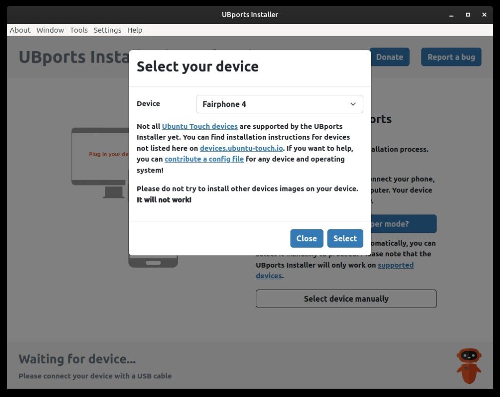 Finestra pop-up di UBports Installer per la selezione manuale dello smartphone.