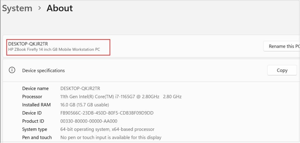Schermata delle impostazioni di sistema di Windows 11 con i dettagli e le specifiche del dispositivo.