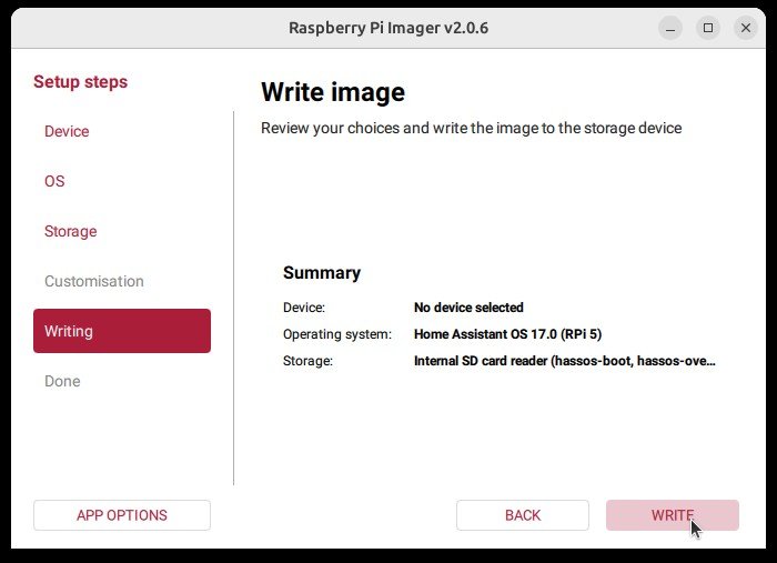 Interfaccia di Raspberry Pi Imager con il riepilogo delle opzioni e il pulsante Write in evidenza.