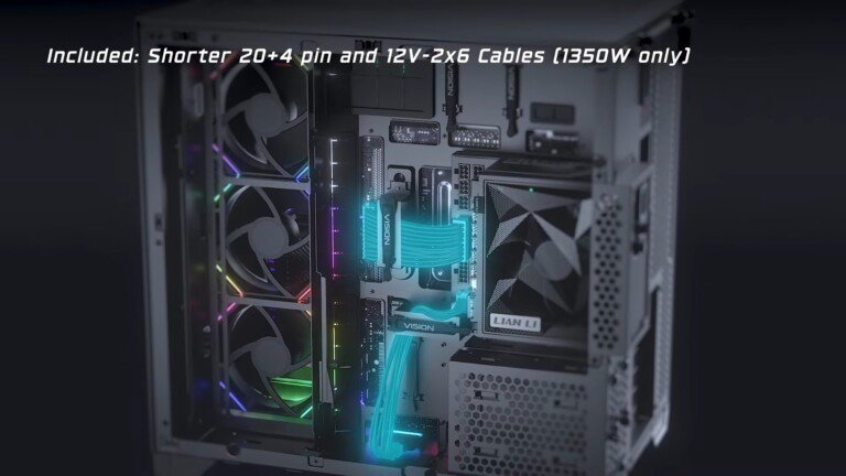 Alimentatore Lian Li Edge Platinum V2 installato all'interno di un case per PC assemblato.