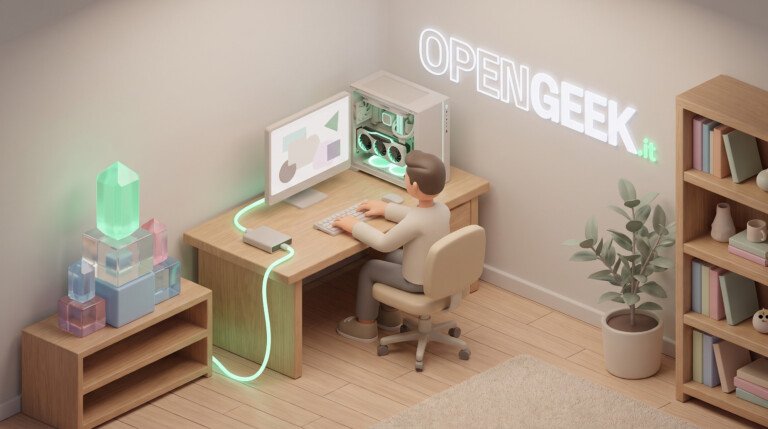 Illustrazione 3D di un utente al PC con blocchi di dati luminosi che rappresentano l'elaborazione locale.
