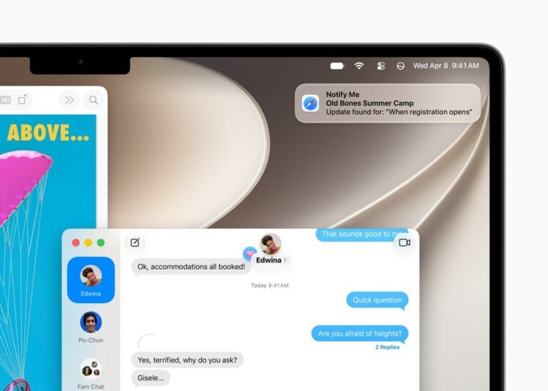 Primo piano dell'interfaccia di macOS con finestre di sistema e una notifica di Safari.