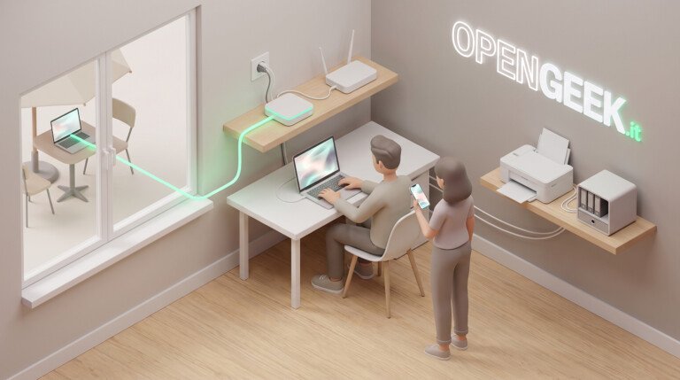 Illustrazione 3D di un laptop all'esterno connesso visivamente alla rete informatica di casa.