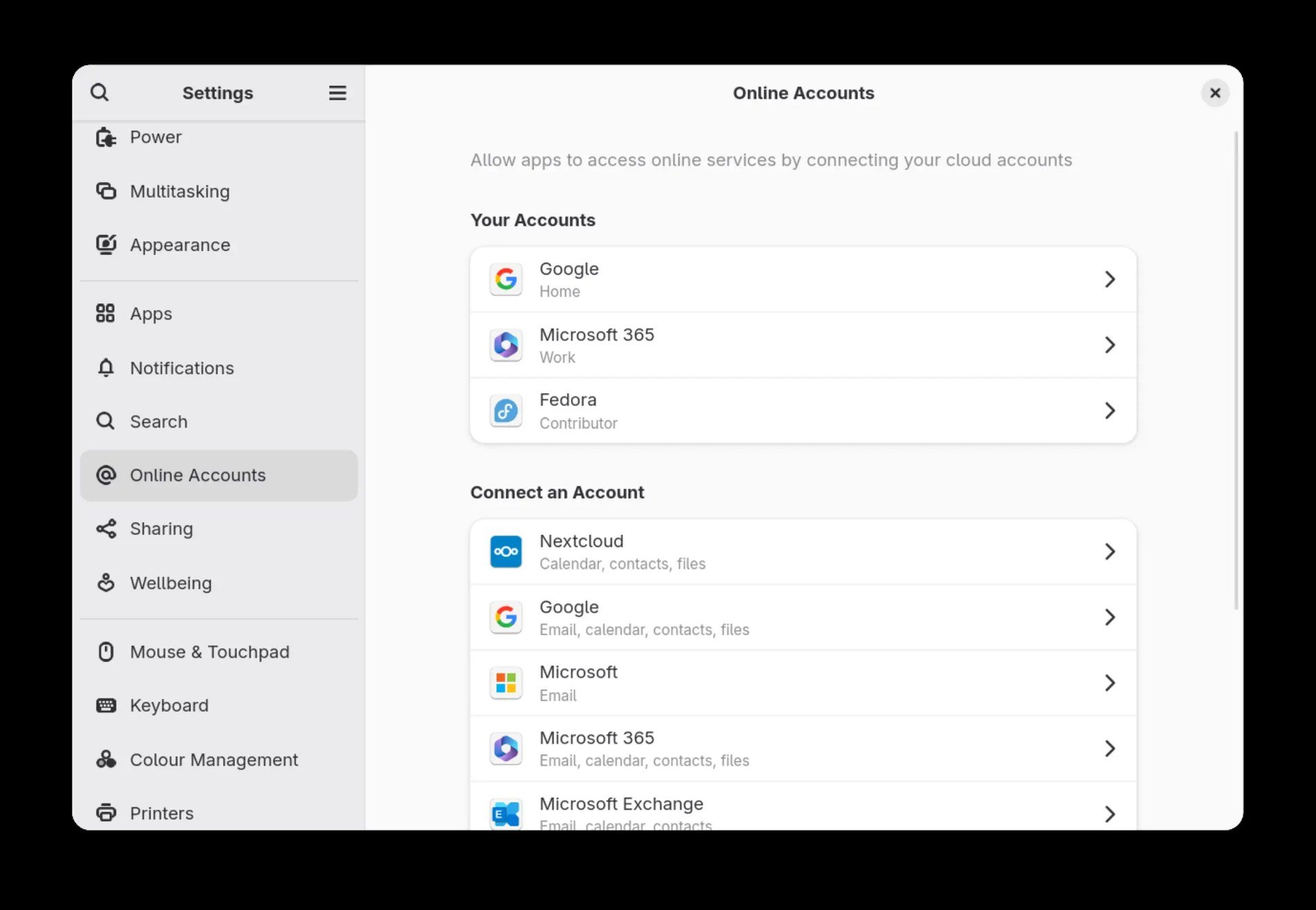 Schermata delle impostazioni per gli account online con l'opzione Fedora.