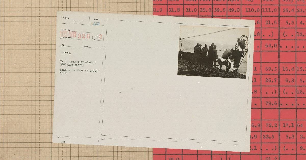 Collage artistico con una scheda d'archivio d'epoca su sfondo a griglia rosso e beige.