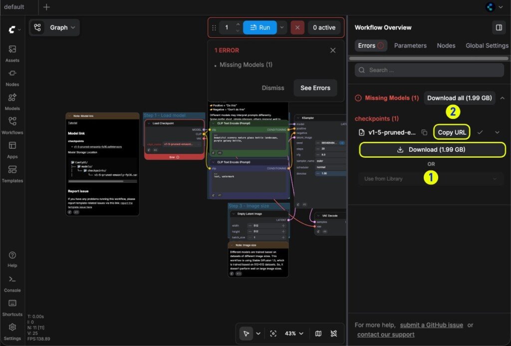 Interfaccia di ComfyUI con il pannello laterale per scaricare il modello v1-5-pruned-emaonly-fp16.