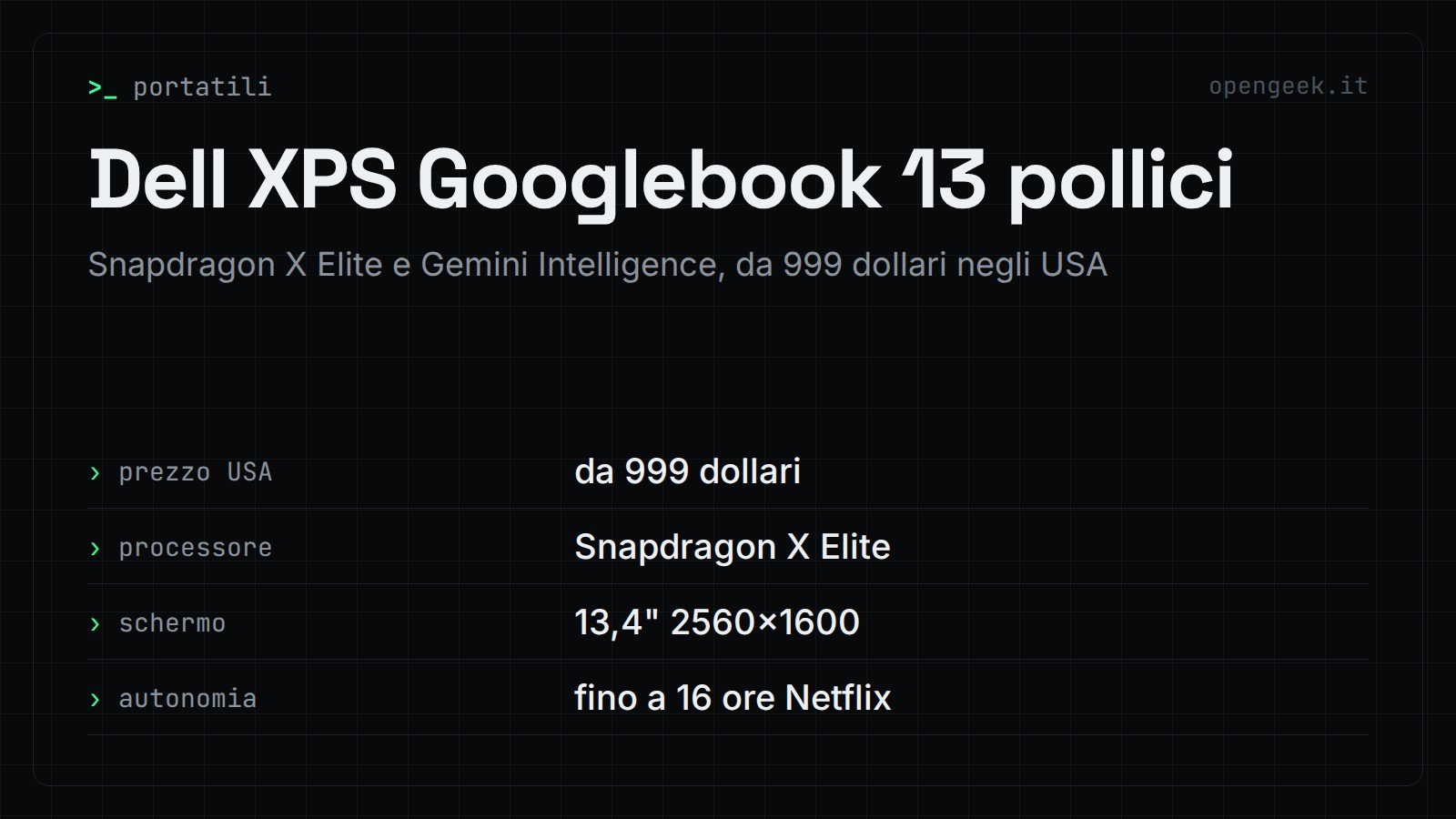 Dell XPS Googlebook 13 pollici: Snapdragon X Elite e Gemini Intelligence, da 999 dollari negli USA