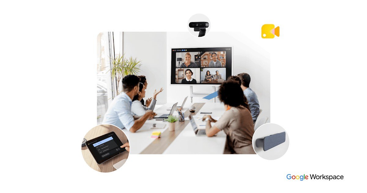 Grafica di una videochiamata su Google Meet con controlli di fotocamera e microfono.