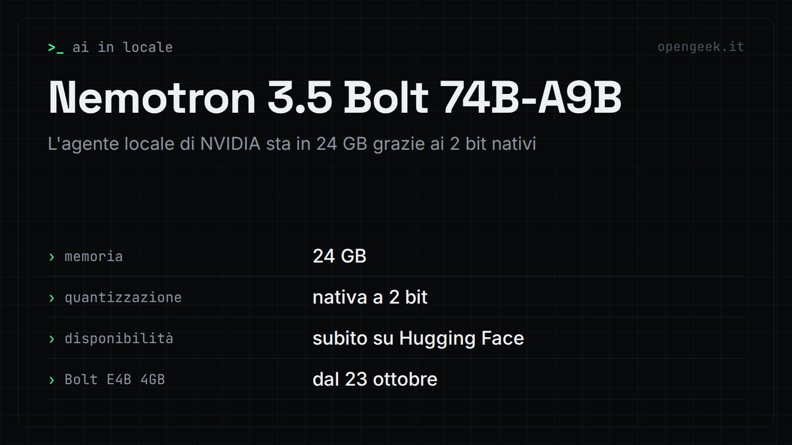 Nemotron 3.5 Bolt 74B-A9B: L'agente locale di NVIDIA sta in 24 GB grazie ai 2 bit nativi