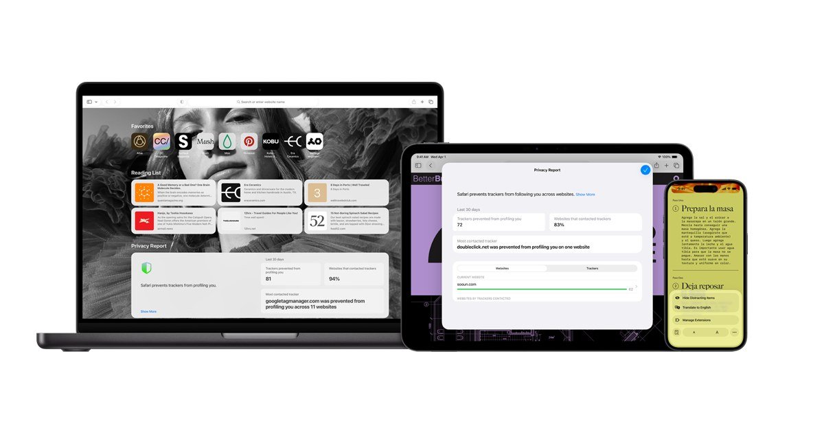 MacBook, iPad e iPhone con schermate di Safari e il resoconto sulla privacy