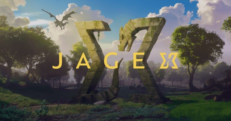 Il logo Jagex integrato come rovine di pietra in un paesaggio naturale fantasy con un drago in cielo.