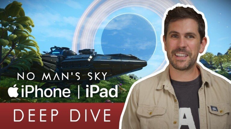 Sean Murray con grafica promozionale di No Man's Sky per iPhone e iPad.