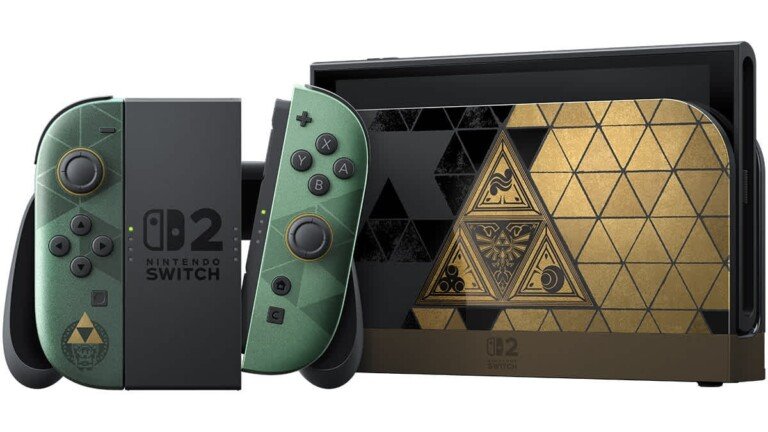 Nintendo Switch 2 con dock dorata e Joy-Con verdi a tema Zelda 40th Anniversary