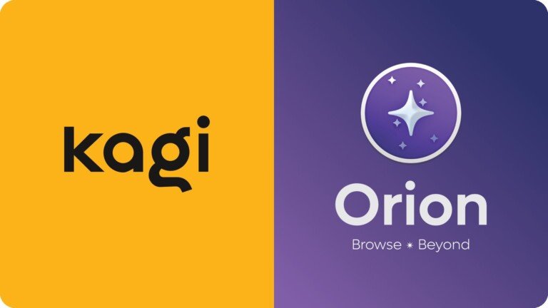 I loghi di Kagi e Orion affiancati su sfondo giallo e viola.