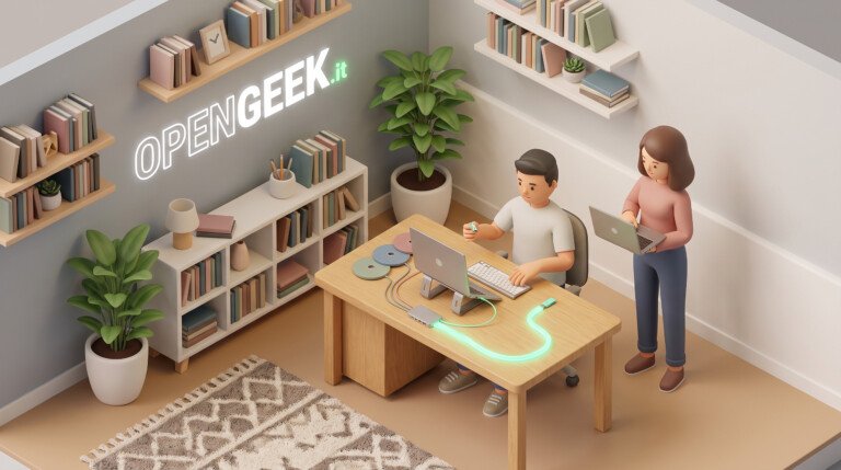 Illustrazione 3D di una postazione con laptop, chiavetta USB e dischi collegati.