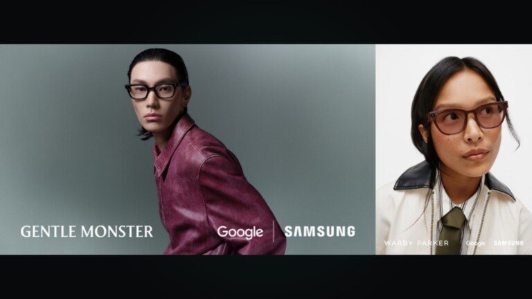 Due persone indossano gli occhiali smart Samsung con i marchi Gentle Monster e Warby Parker.