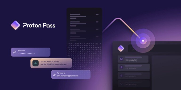 Grafica ufficiale di Proton Pass con logo, nome ed elementi stilizzati dell'interfaccia.