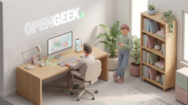 Illustrazione 3D di una scrivania con computer e smartphone collegati via cavo.