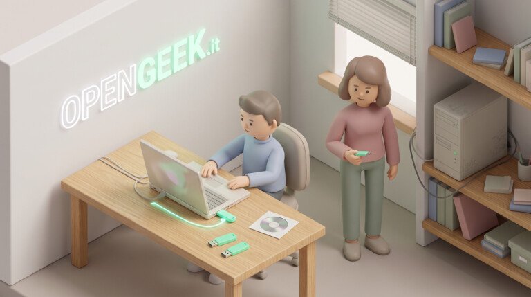 Illustrazione 3D di una persona al computer portatile con diverse chiavette USB sul tavolo.