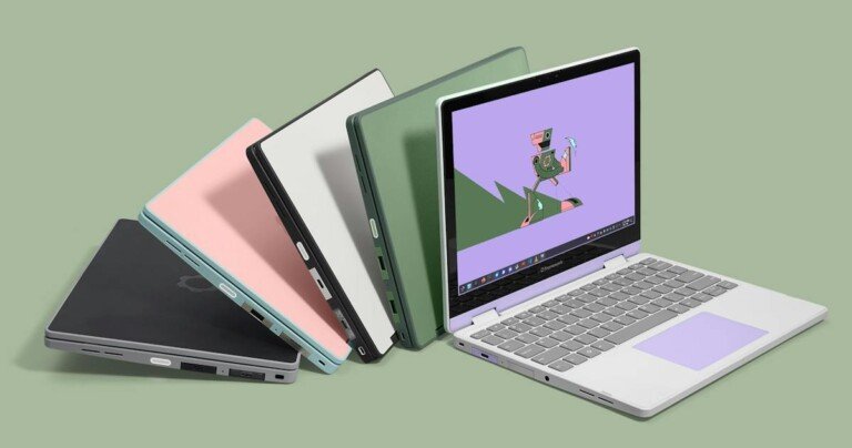 Linea di portatili Framework Laptop 12 disposti in serie nelle diverse colorazioni.
