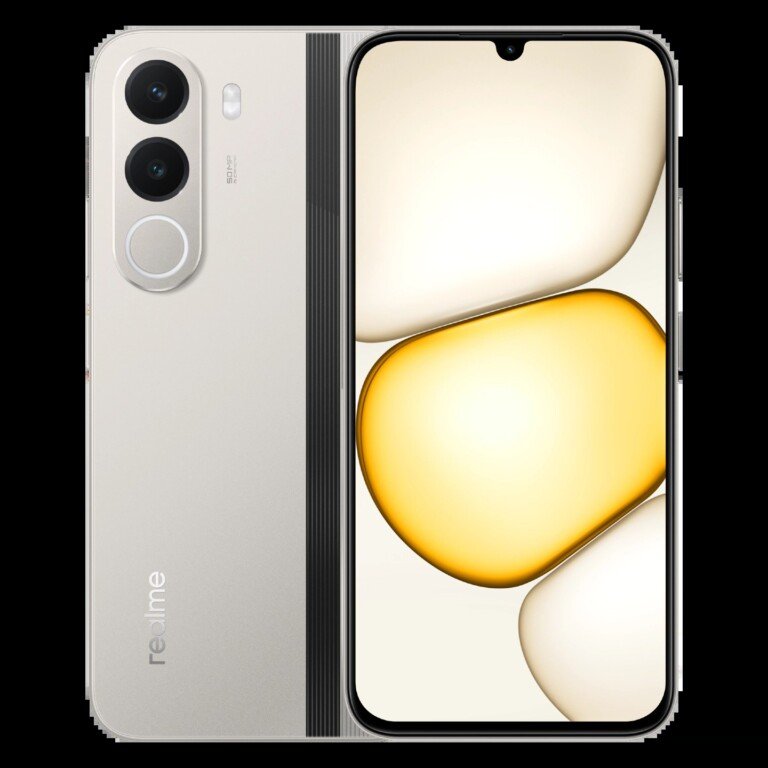 Smartphone realme Note 70T champagne visto da fronte e retro.