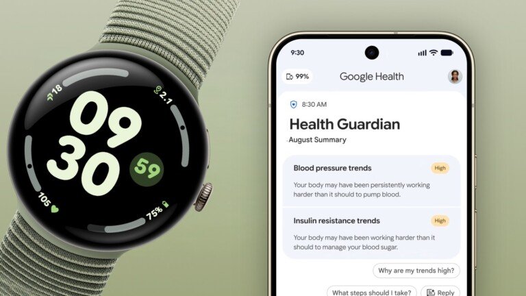 Un Pixel Watch e uno smartphone con l'interfaccia dell'app Google Health sullo schermo.