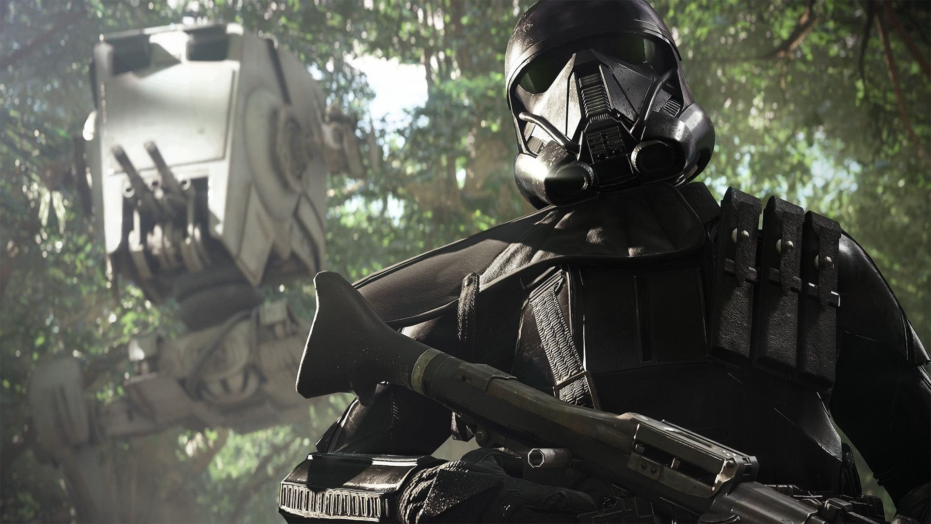 Un Death Trooper imperiale in primo piano con un camminatore AT-ST nella giungla