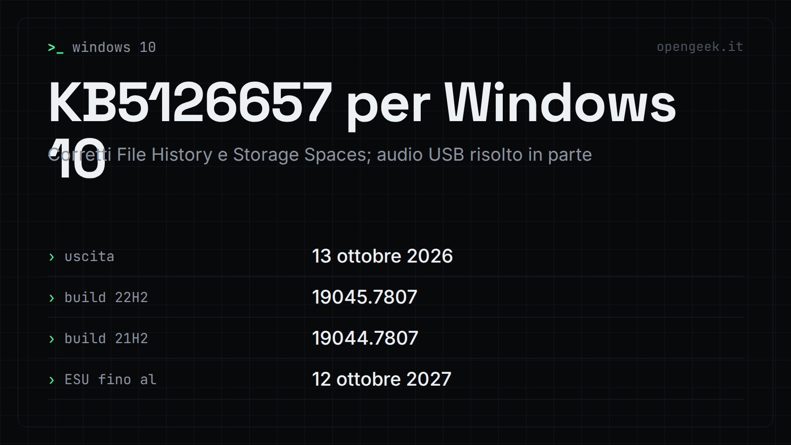 KB5126657 per Windows 10: Corretti File History e Storage Spaces; audio USB risolto in parte